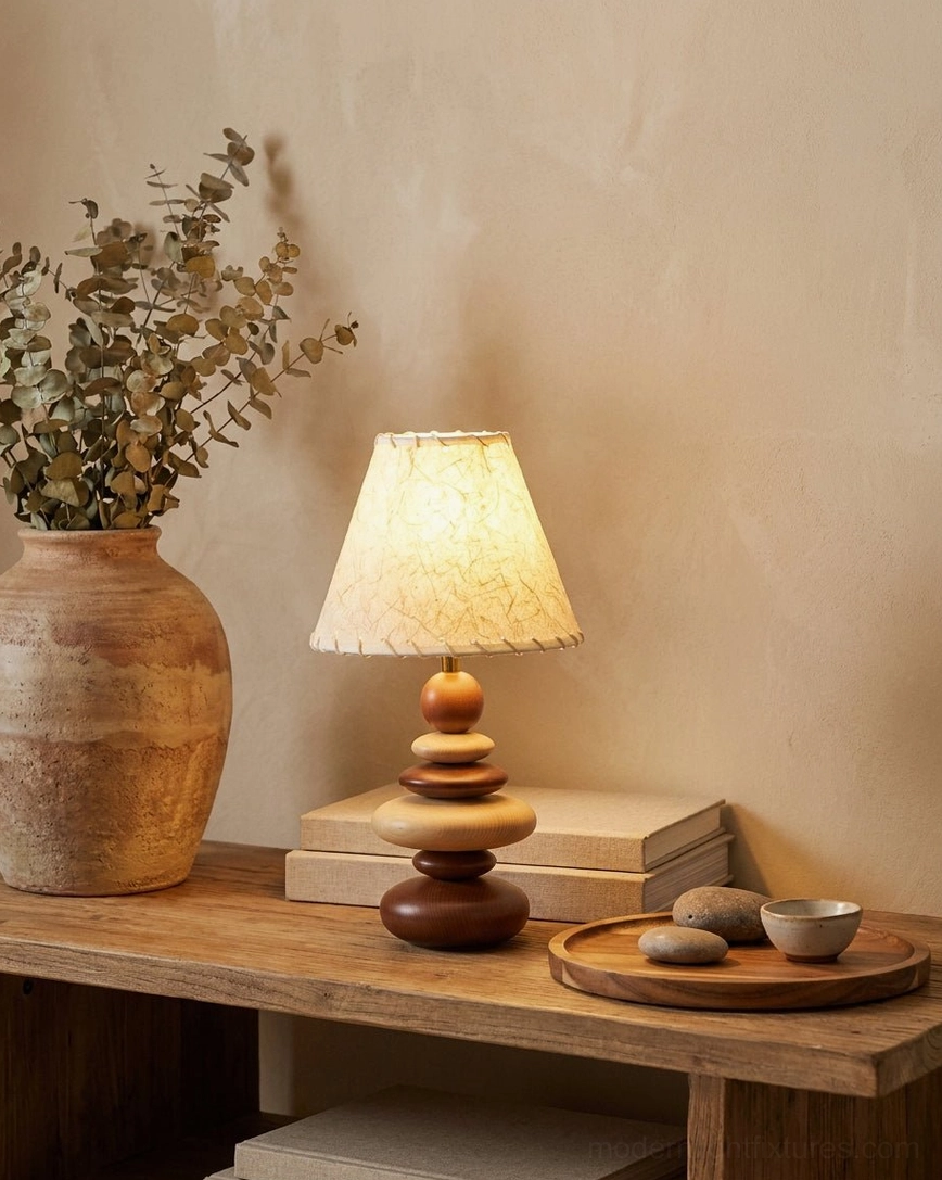 Grainelle wood table lamp whipstitched linen shade showing fabric texture and stitching craftsmanship detail
