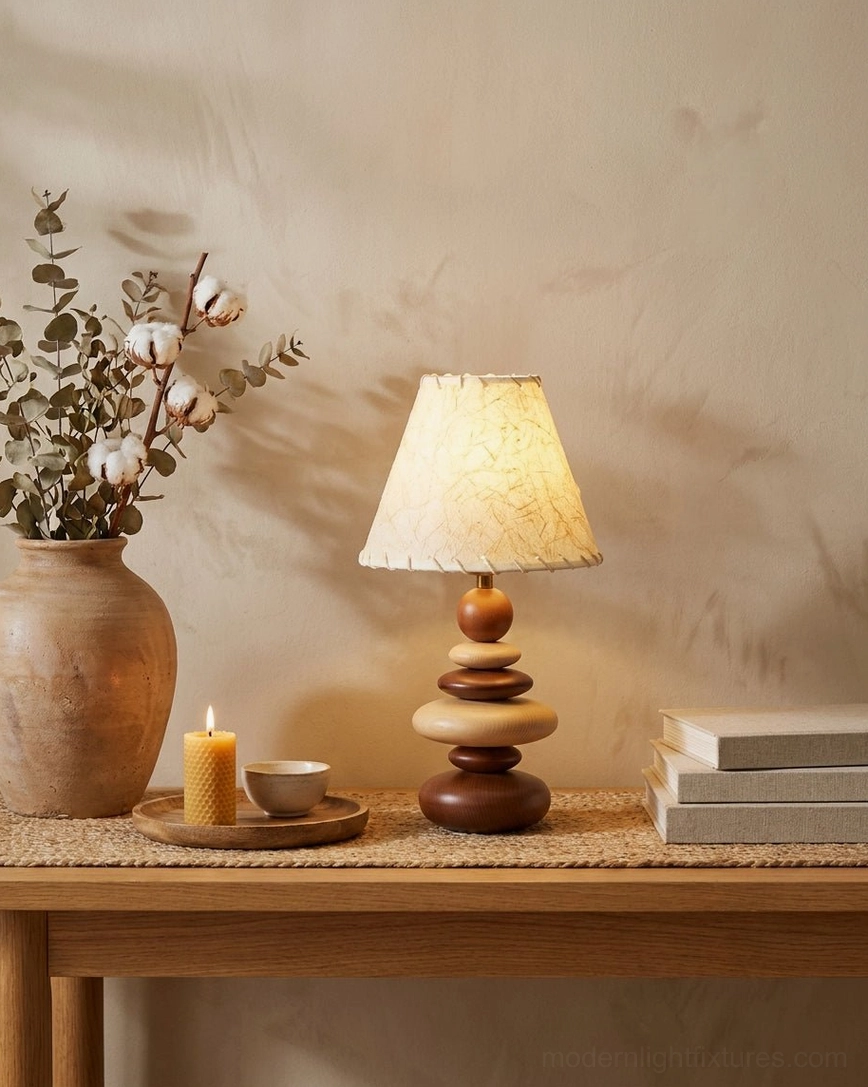 Grainelle stacked white-ash wood table lamp with alternating light and dark wood tones and metal neck connector detail