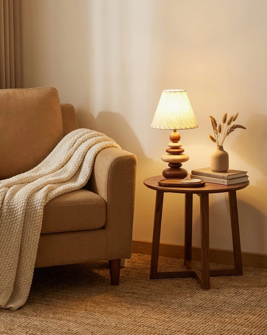 Grainelle wood table lamp styled on living room side table next to warm brown sofa with knit throw blanket and home decor