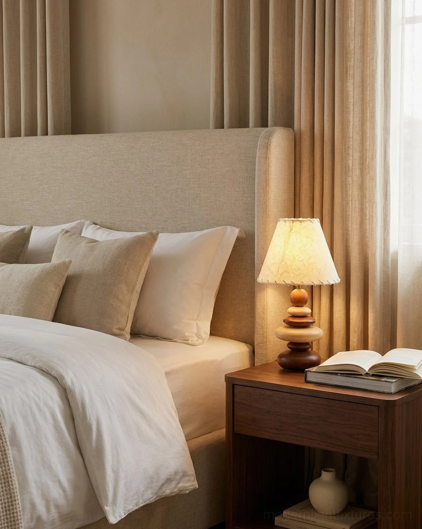 Grainelle table lamp showing full profile with linen shade and turned wooden disc base construction against neutral background