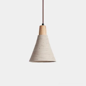 Grainline textured cement pendant light with wood accent, front studio view on white background showing cone-shaped rippled shade design
