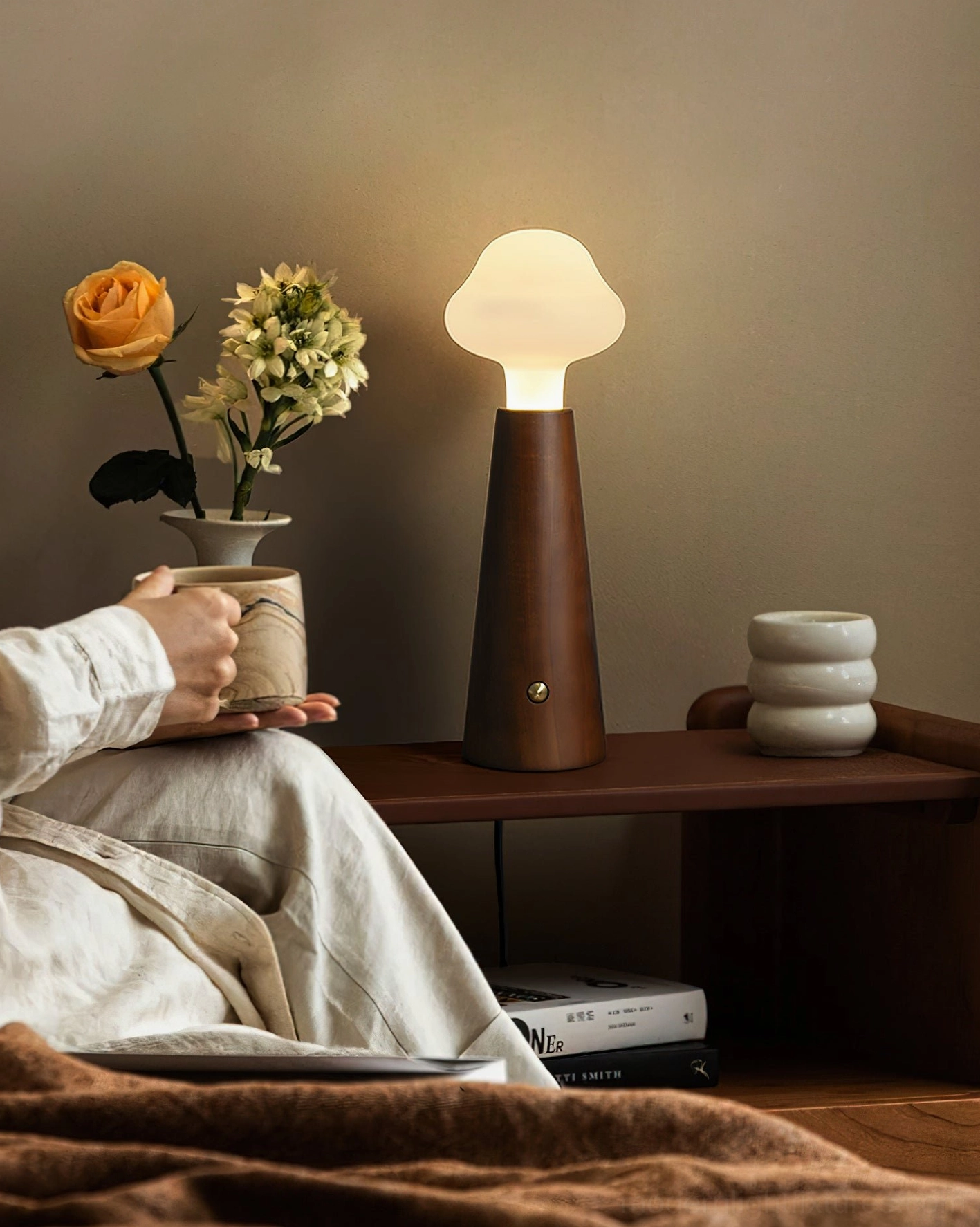 Granada contemporary table lamp dark wood base with cozy bedroom setting