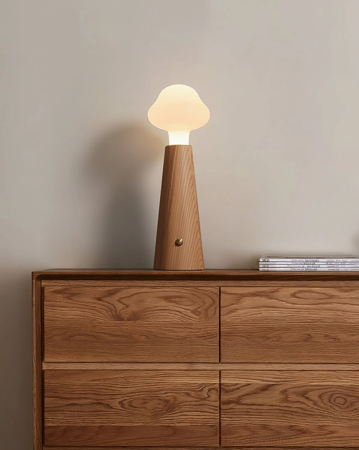 Natural wood Granada table lamp accent lighting on oak sideboard