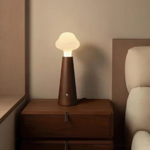 Walnut Granada table lamp on bedroom nightstand with soft warm lighting