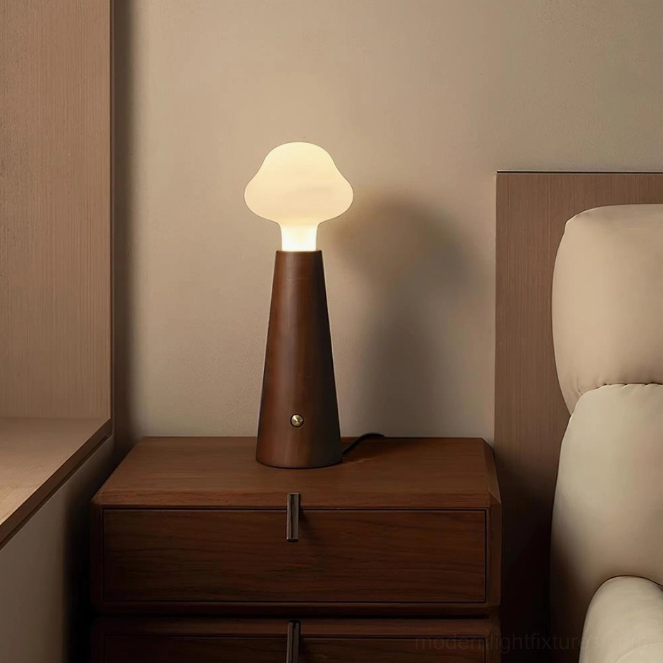 Walnut Granada table lamp on bedroom nightstand with soft warm lighting