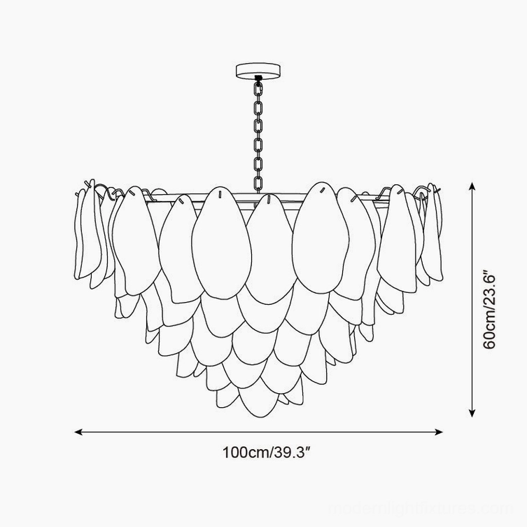 Technical drawing of grand 10-layer statement chandelier featuring 100cm wide by 60cm tall dimensions