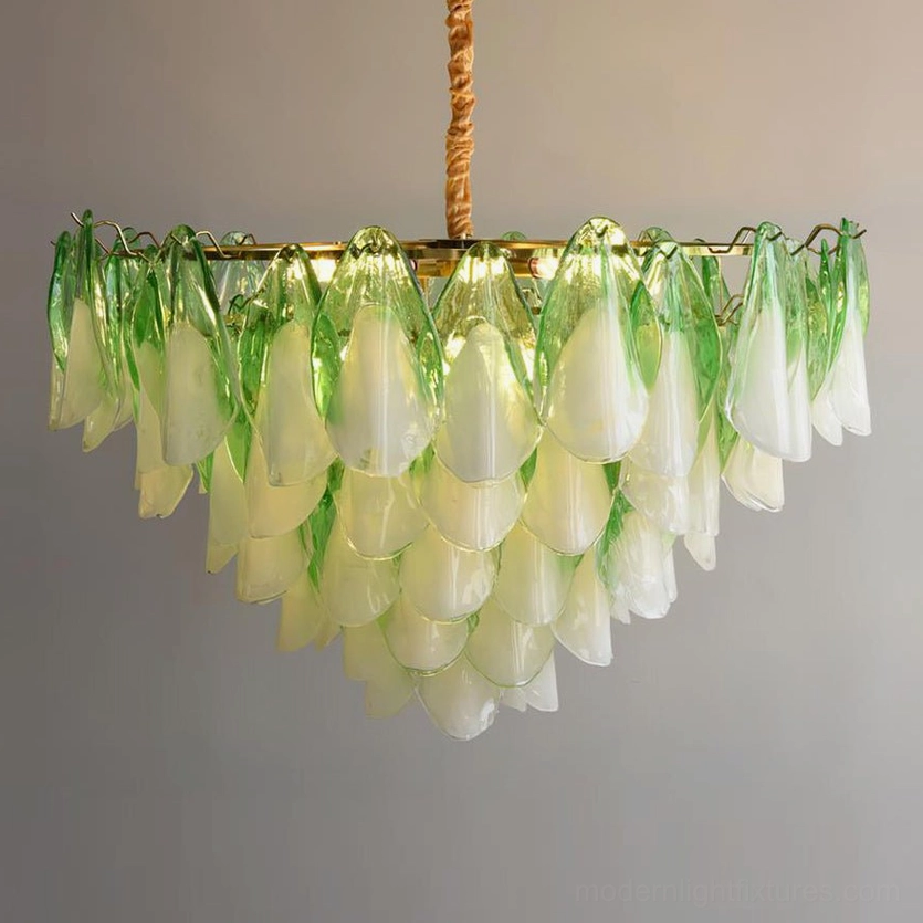 Grand modern botanical chandelier in green and white featuring 10-layer statement design