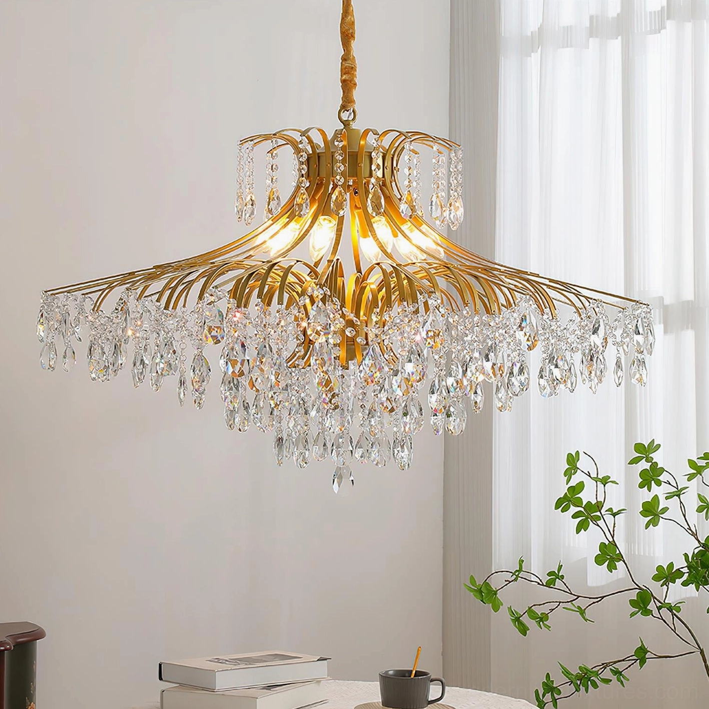 Large grand wisteria chandelier featuring multi-tier crystal arrangement with premium gold finish