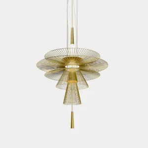 Gravity modern wire disc pendant chandelier in gold finish, front view on white background