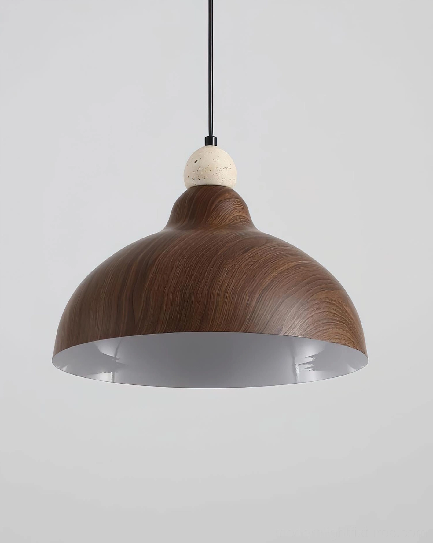 Gray interior wood-grain dome pendant lamp with travertine stone top detail, studio view