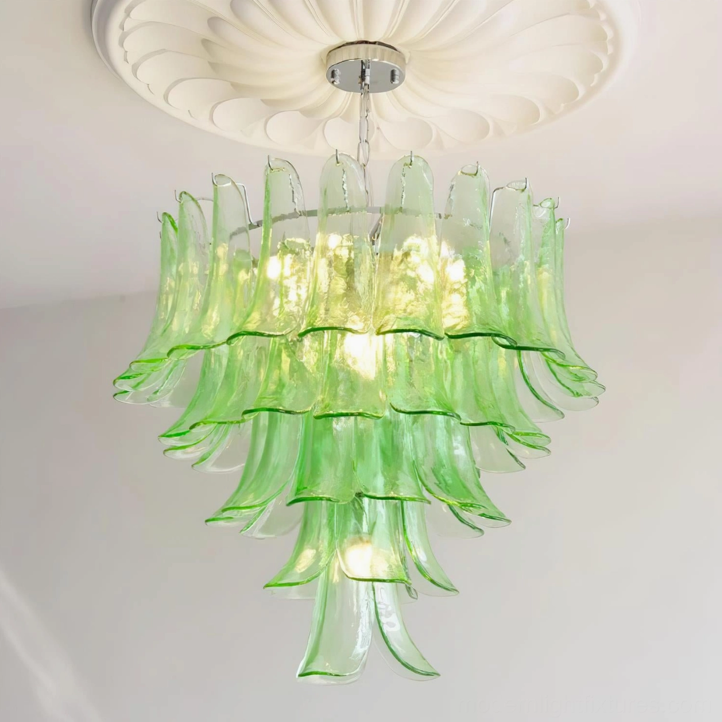 Green hand-blown petal chandelier 5-layer 68cm creating nature-inspired design focal point