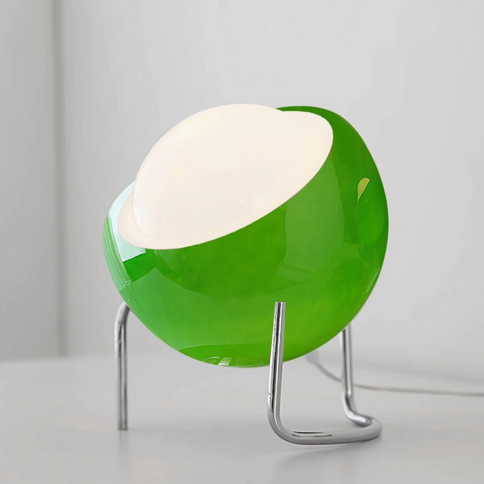 Green Bauhaus dome table lamp with chrome curved stand, color variant product display