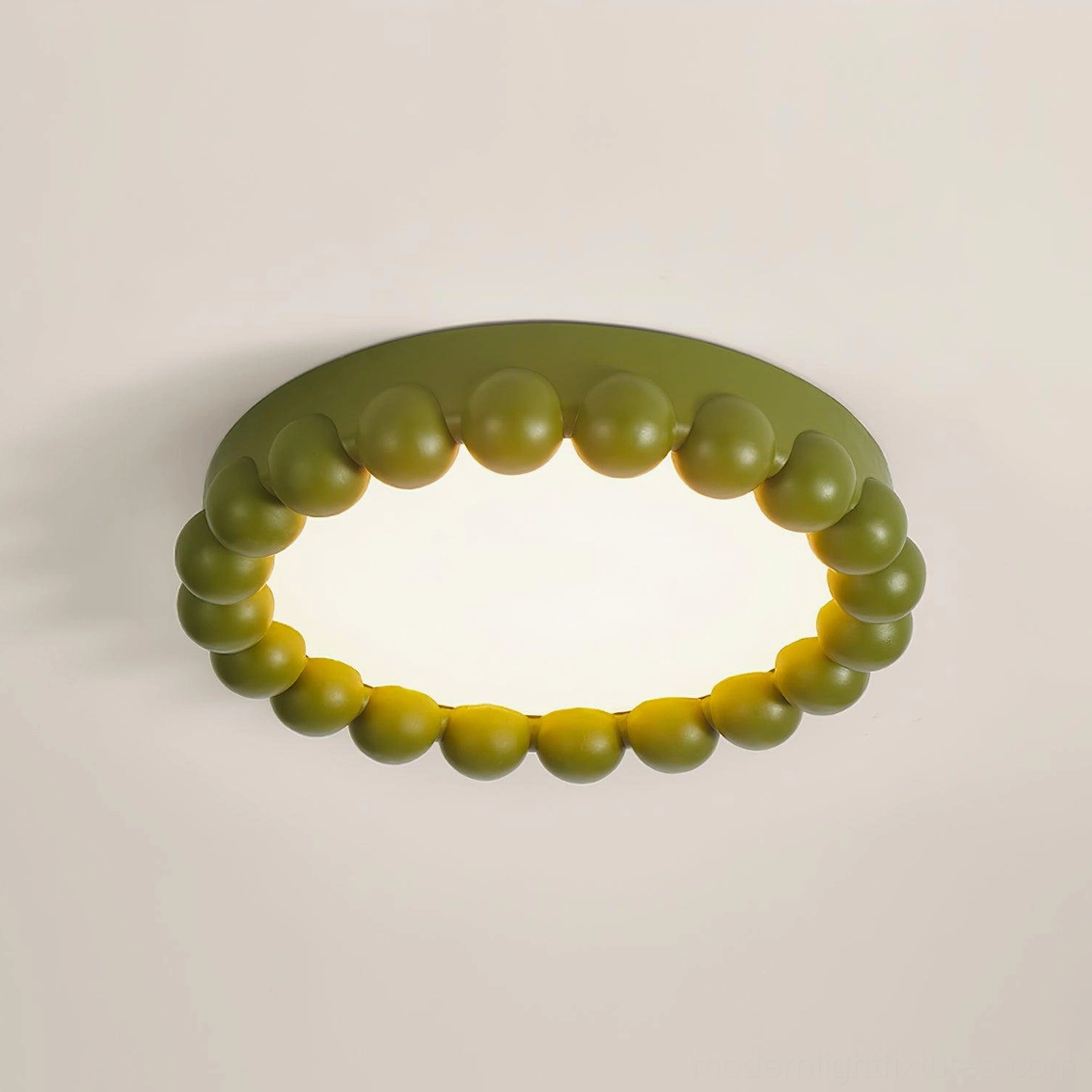 Green beaded ceiling light fixture with cool white LED temperature in contemporary interior