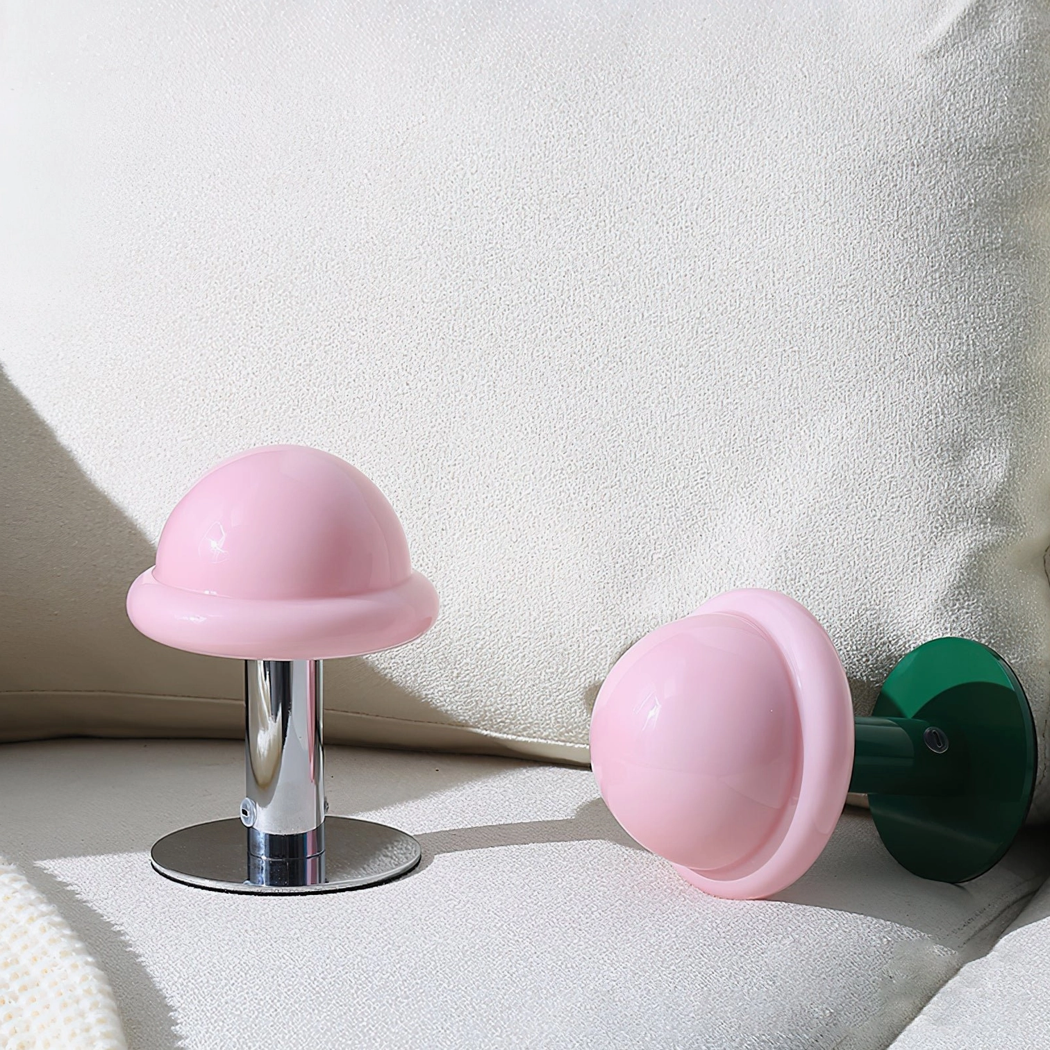 Green and beige mushroom rechargeable table lamp demonstrating warm ambient lighting in bedroom setting
