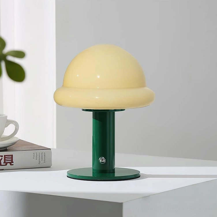 Green and beige combination mushroom portable lamp with minimalist metal stand in living room setting