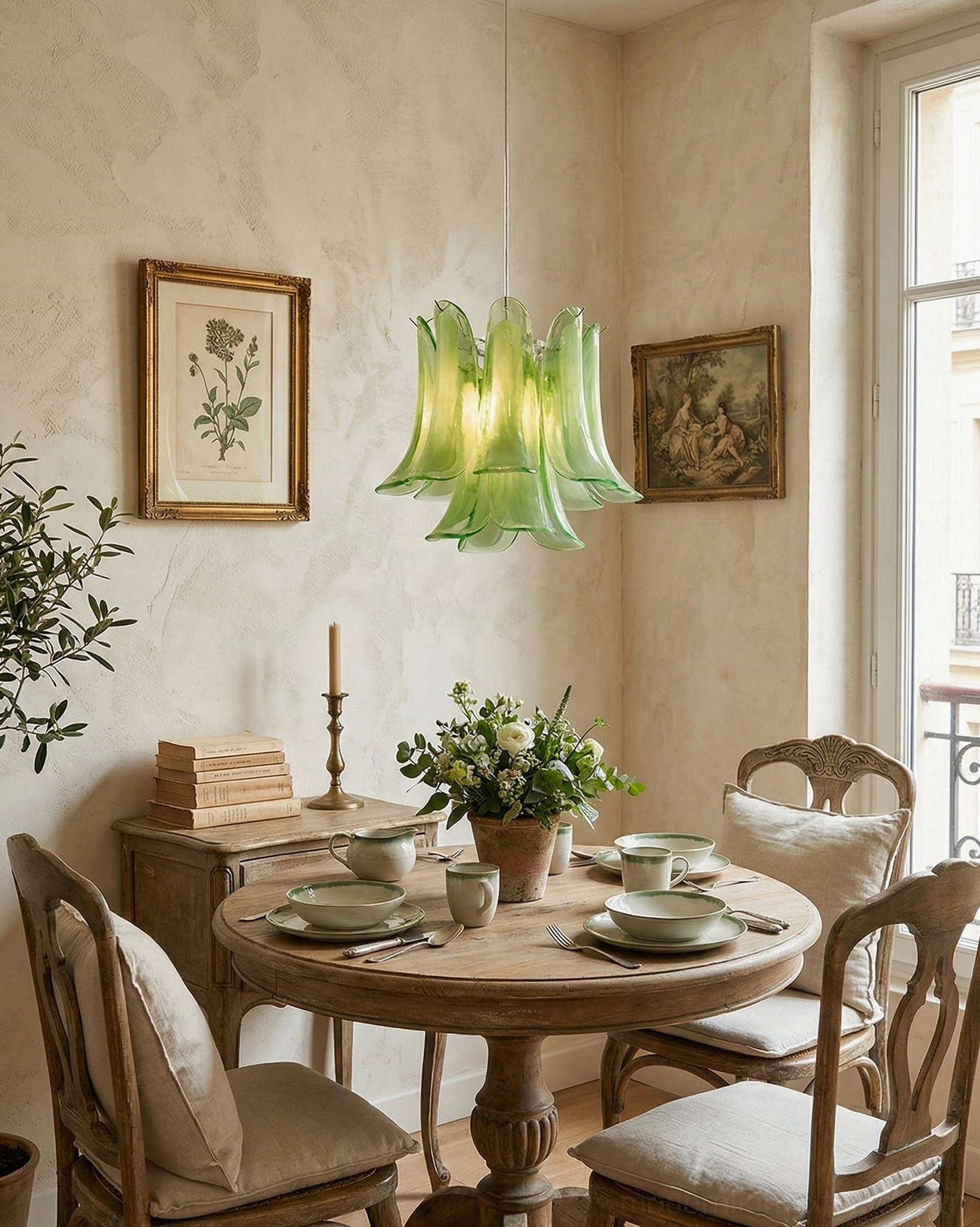 Green bell-shaped glass pendant lamp over dining furniture in vintage French interior