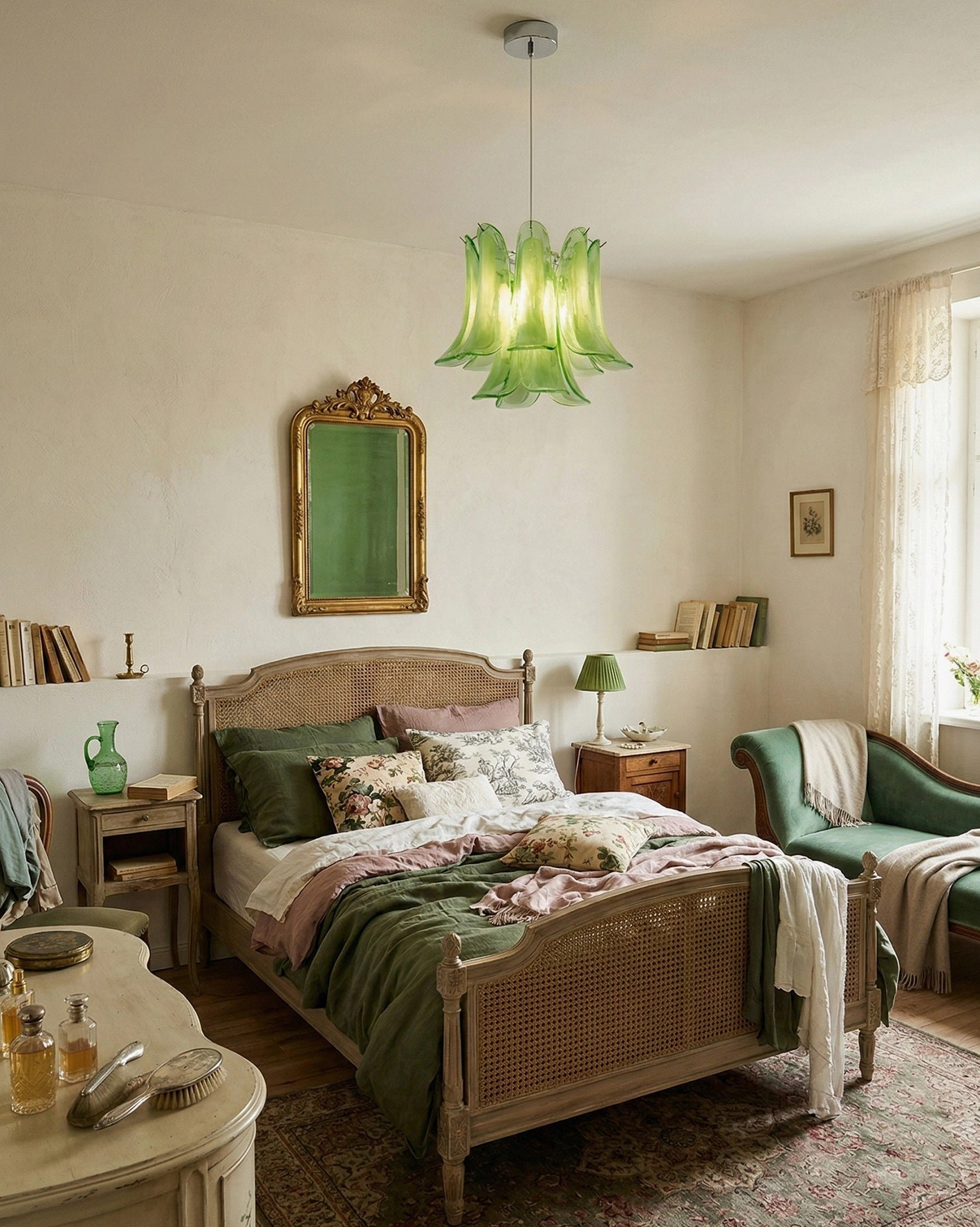 Green bell glass pendant lamp in vintage rustic bedroom with soft warm lighting