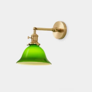 Vintage green bell glass wall sconce with brass hardware and adjustable switch knob detail