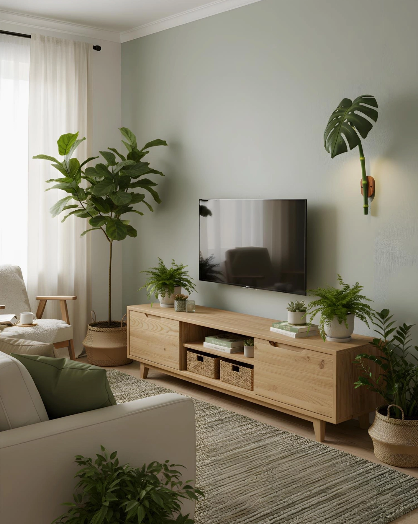 Green botanical wall light in contemporary TV lounge with potted plants and light green wall