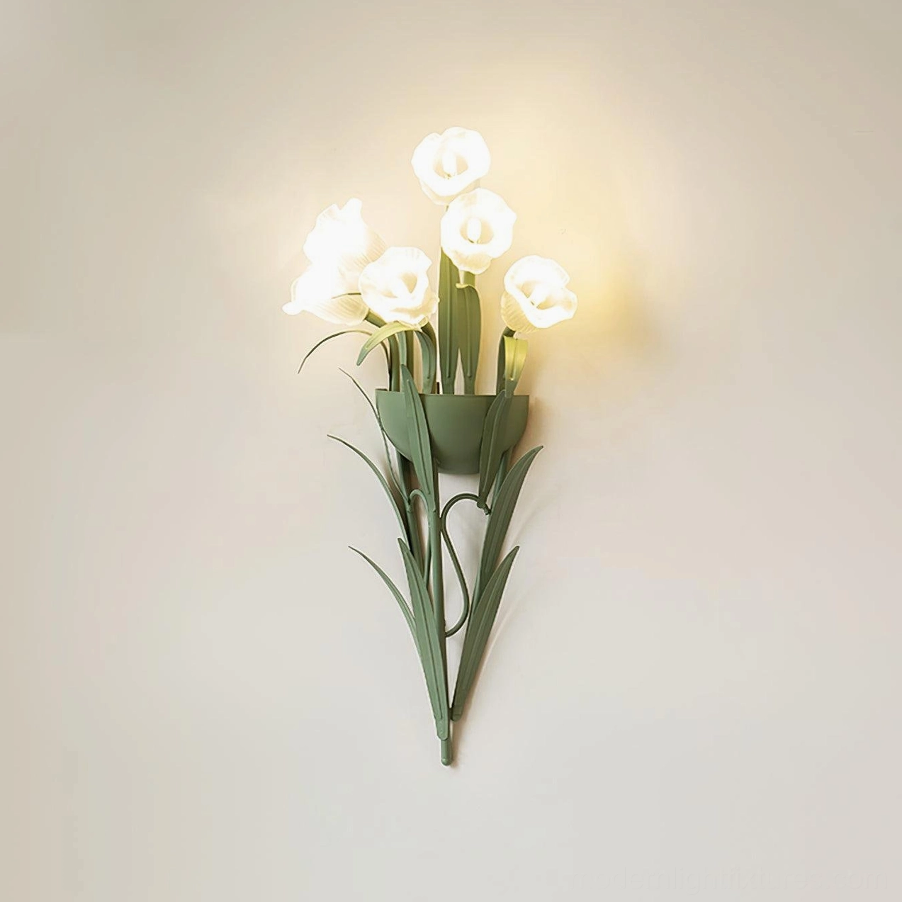 Green and white botanical wall sconce single unit, modern floral light fixture product showcase