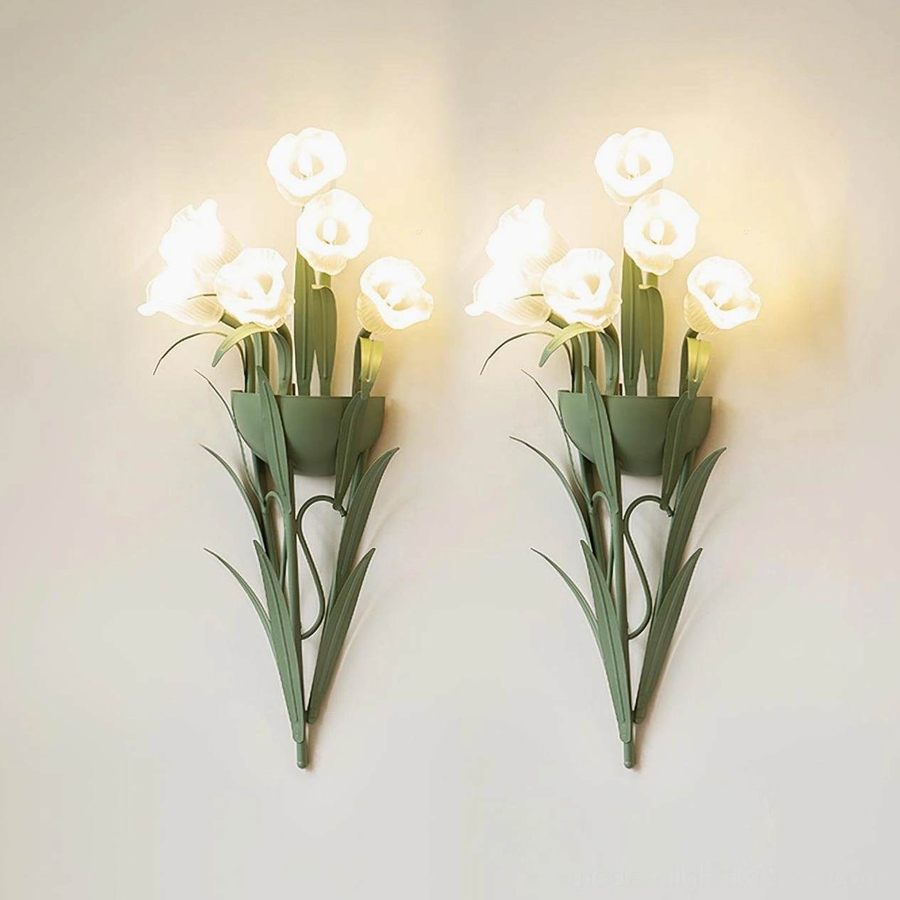 Green and white botanical wall sconce set of two units, matching floral wall lights product display