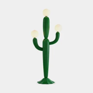 Modern cactus floor lamp with three globe lights featuring green ribbed resin body and white spherical light heads on white studio background