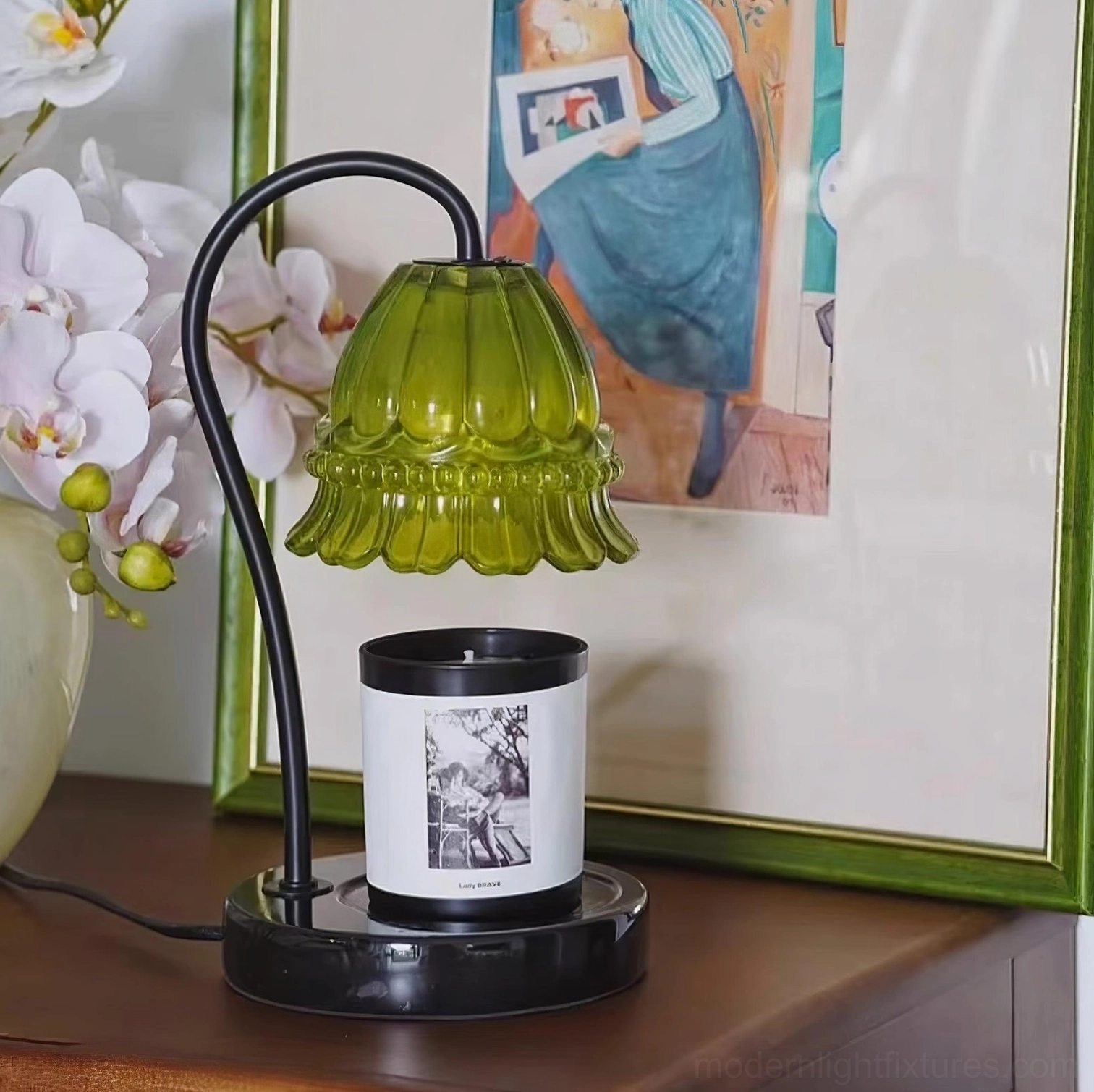 Green marble candle warmer lamp lighting comparison with various brightness levels