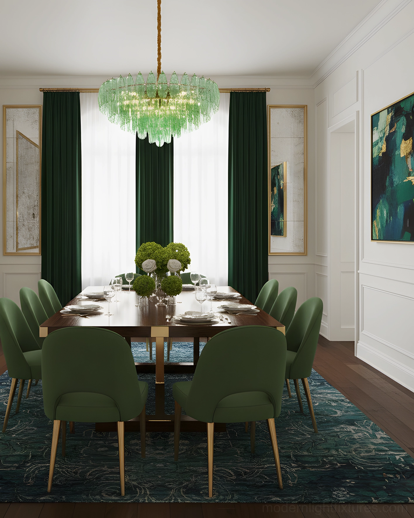 Green tiered glass chandelier hanging in formal luxury dining room with long table setting