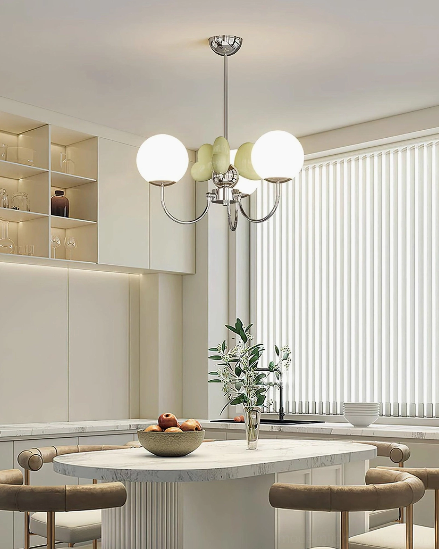 Green petal glass chandelier in modern kitchen dining area - contemporary kitchen pendant above cabinets