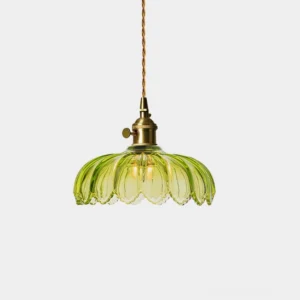 Green scalloped glass pendant light with brass hardware - overhead front view