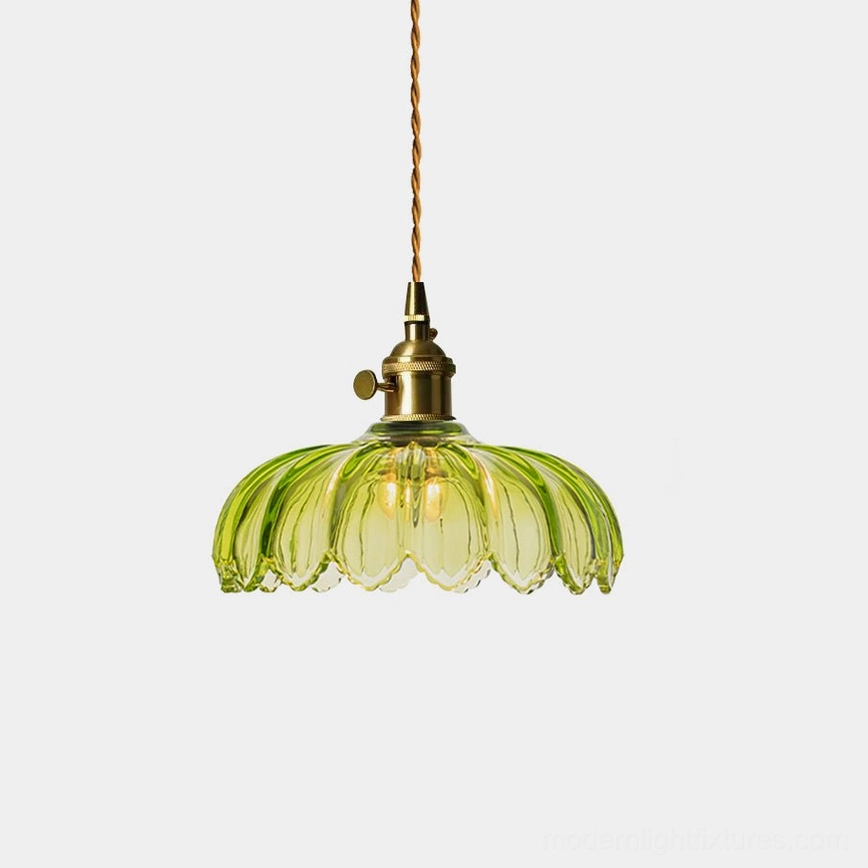 Green scalloped glass pendant light with brass hardware - overhead front view