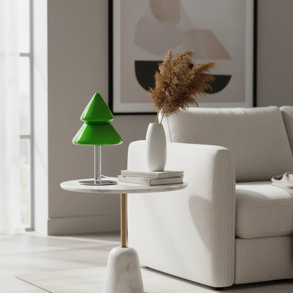 Forest green contemporary Christmas tree lamp on side table in minimalist modern living room