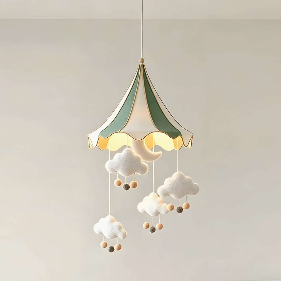 Green circus tent nursery pendant with scalloped fabric canopy and decorative hanging felt elements