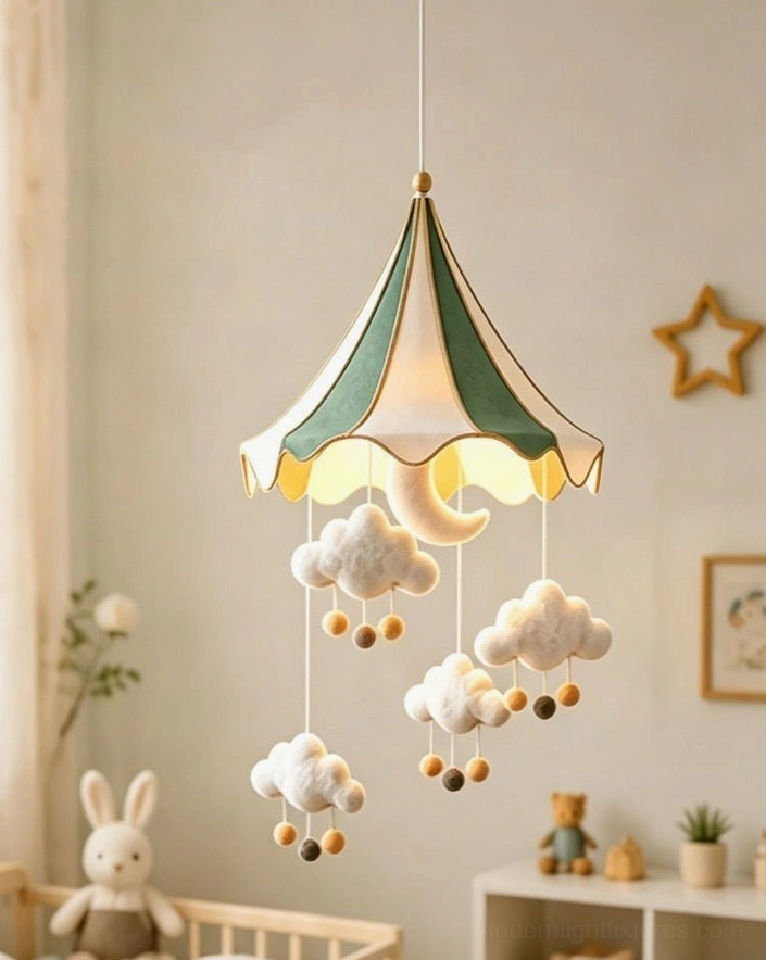 Green circus tent pendant light installed in neutral pastel nursery with soft beige and cream decor