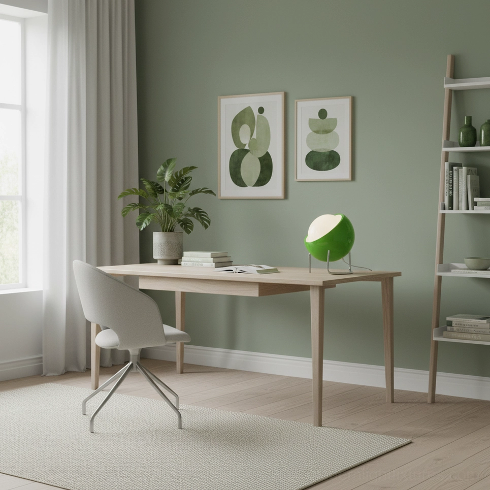 Green Bauhaus dome table lamp with chrome curved stand positioned on wooden desk in modern minimalist home office