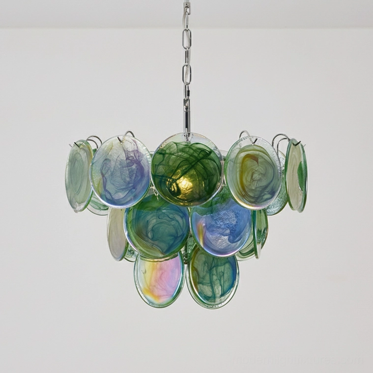 Green emerald glass disc chandelier swirled hand-formed artisan pendant light