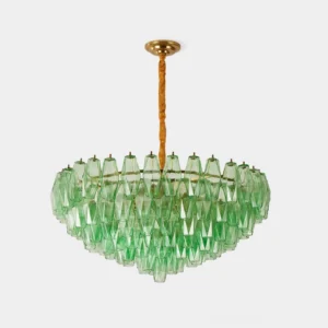 Green hand-blown glass tiered chandelier with brass gold frame and twisted suspension rod, low-angle studio view