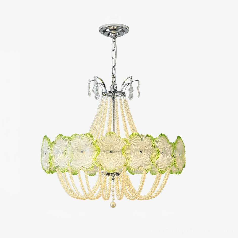 Green flower glass chandelier 60cm medium size with botanical design and contemporary styling