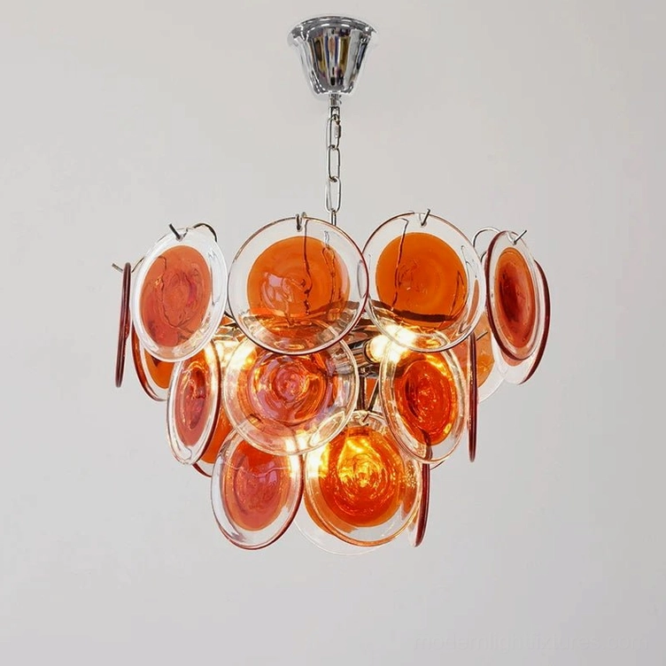 Green emerald glass disc chandelier 4-layer large 80cm hand-blown swirled detail