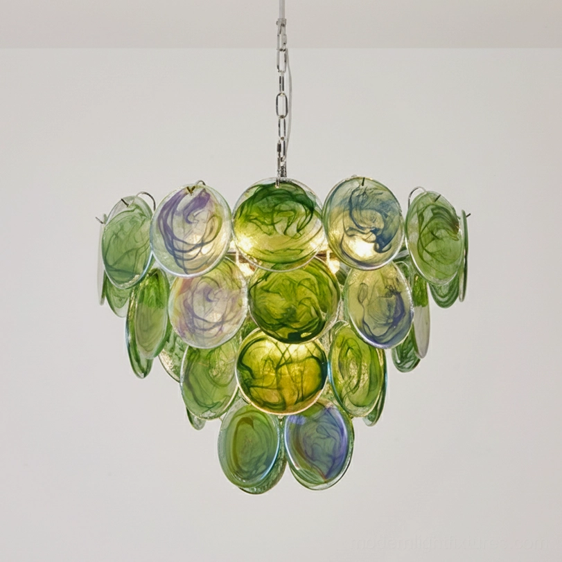 Green glass disc chandelier 4-layer large size hand-blown artisan light fixture