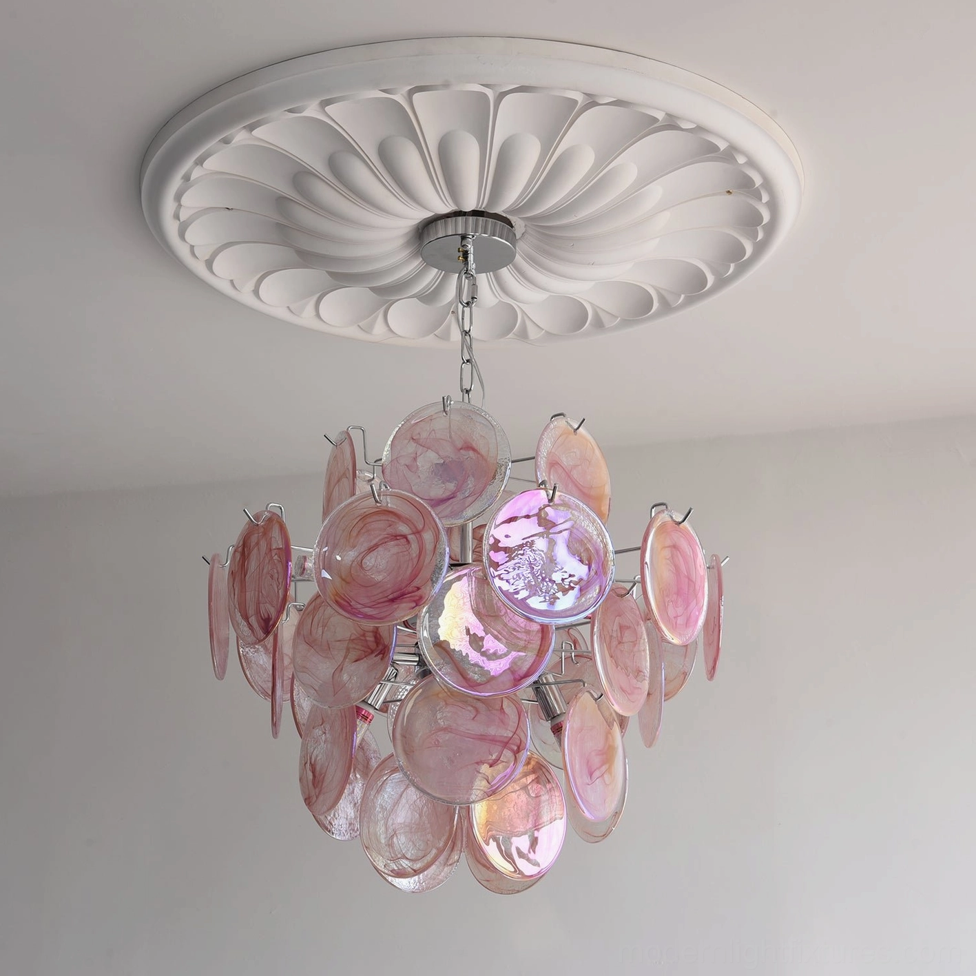 Green color option modern glass disc chandelier mounted showing size scale and room integration