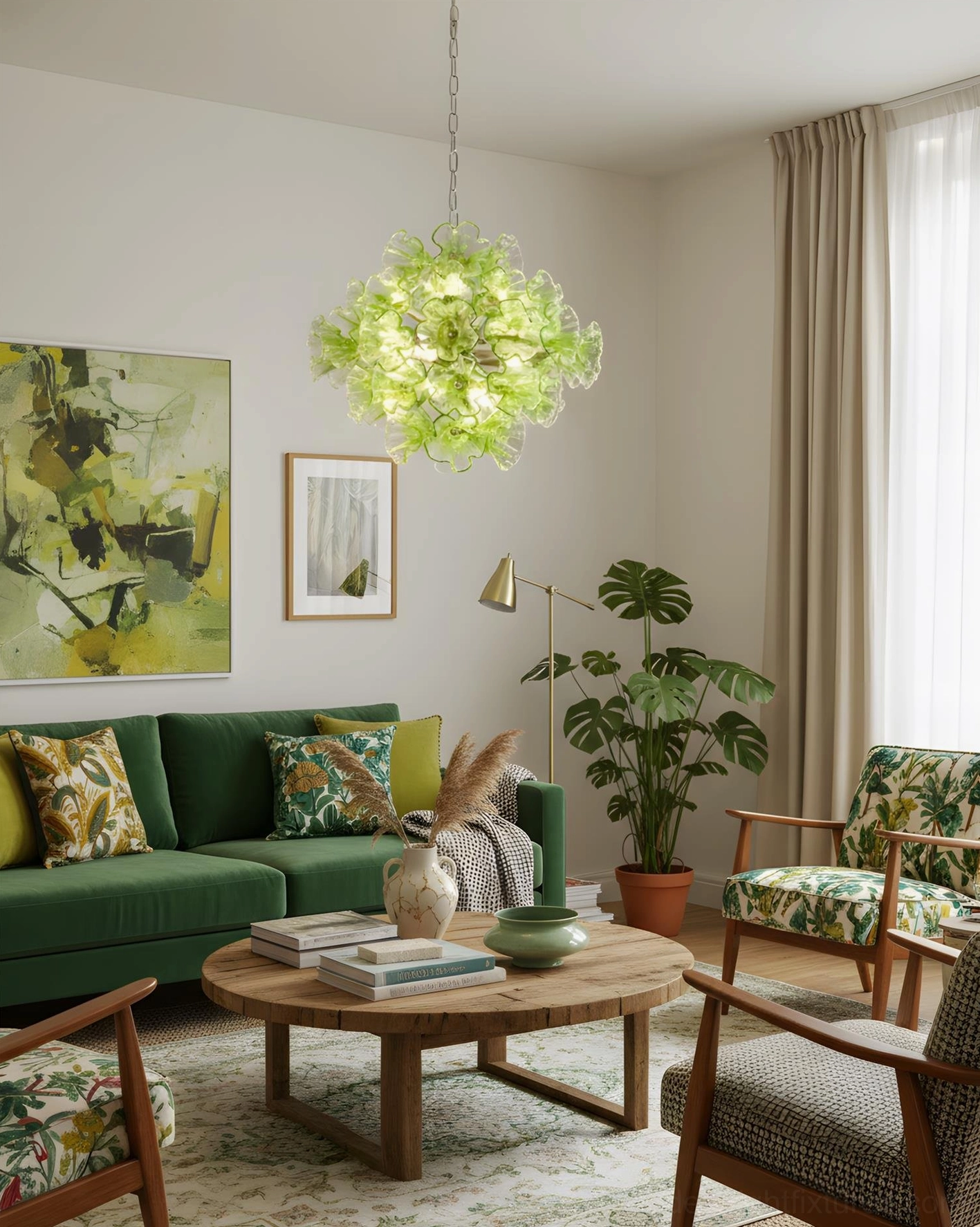 Green floral glass pendant light fixture in mid-century modern bohemian living room matching green sofa accent decor