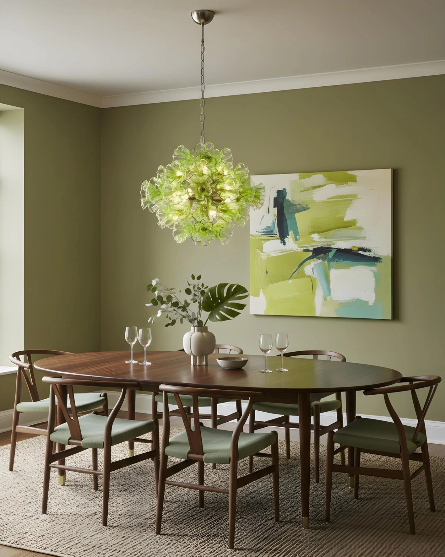 Translucent green glass pendant light creating diffused botanical glow and shadow patterns on interior walls and surfaces