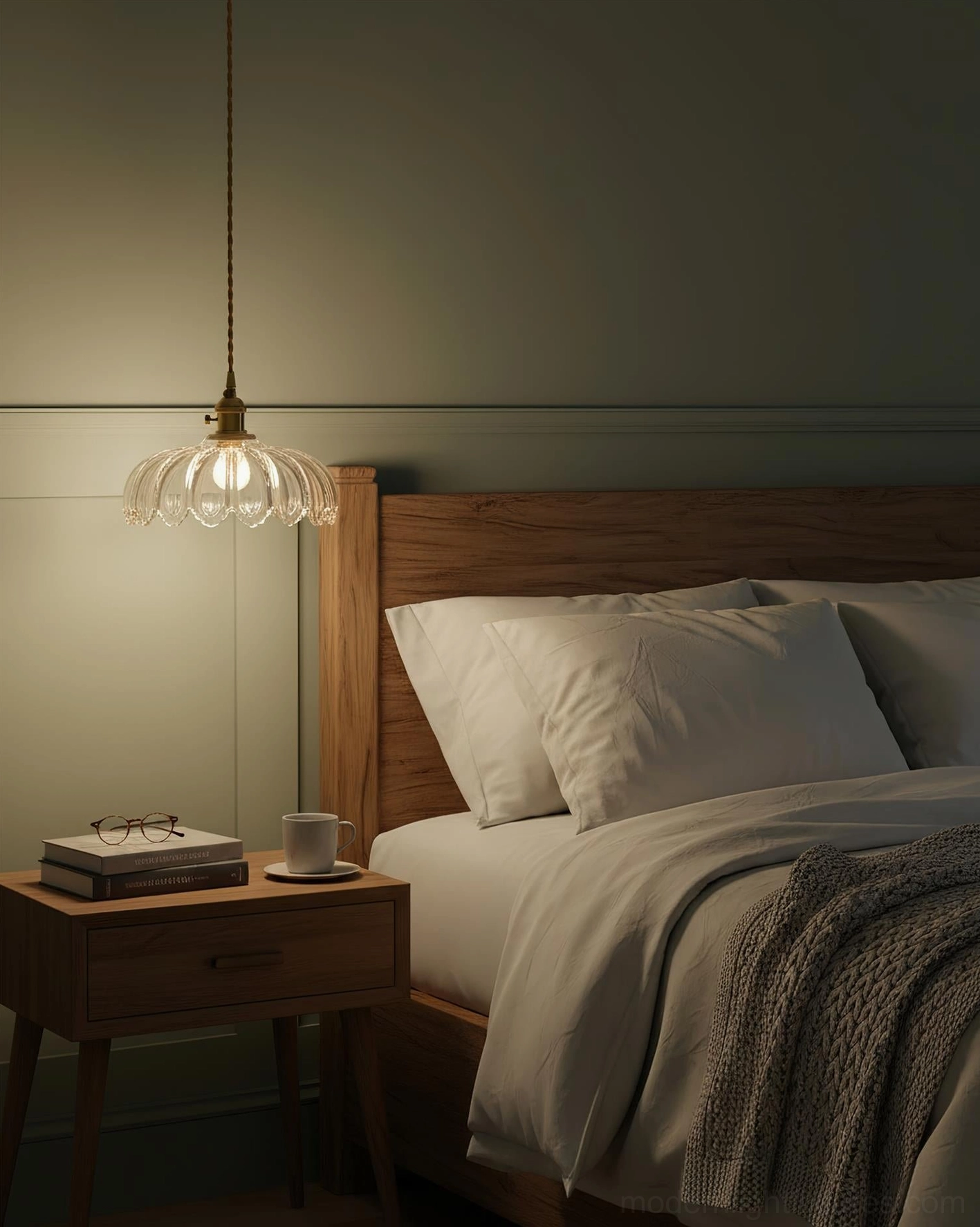 Green glass pendant lamp in mid-century modern interior styling
