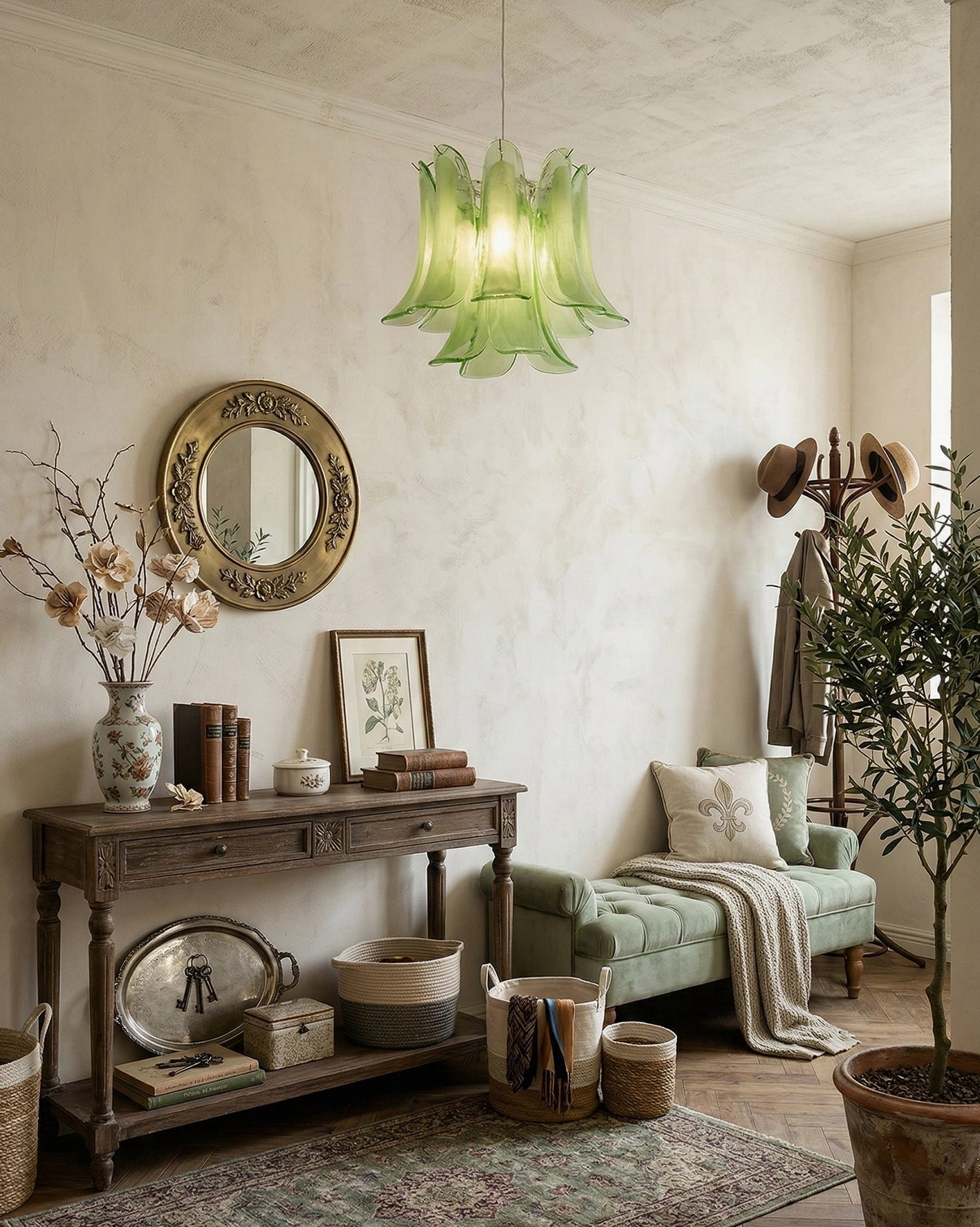Green translucent glass petal pendant lamp in French vintage living room design