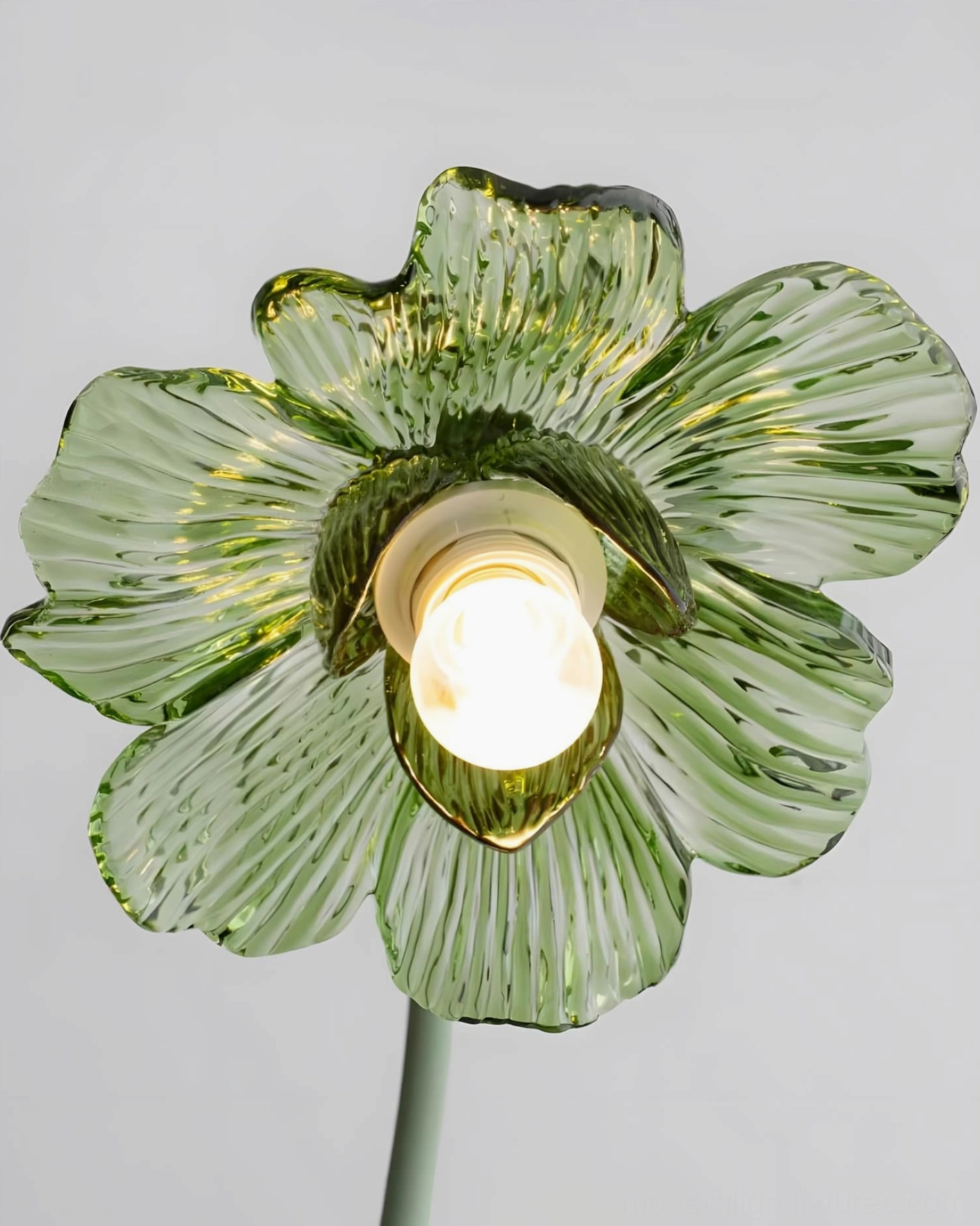 Rear side view of modern green table lamp showing exposed bulb and black power cord on white background