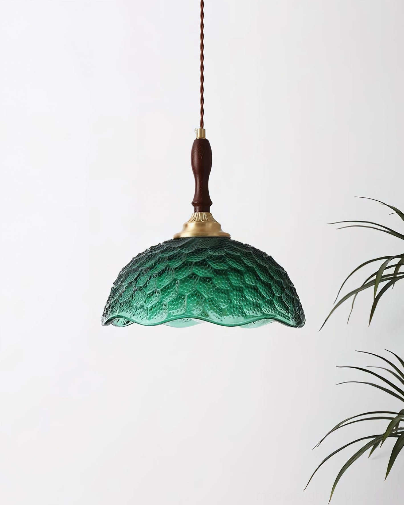 Green glass vintage pendant lamp hanging fixture with twisted textile cord, retro mid-century design