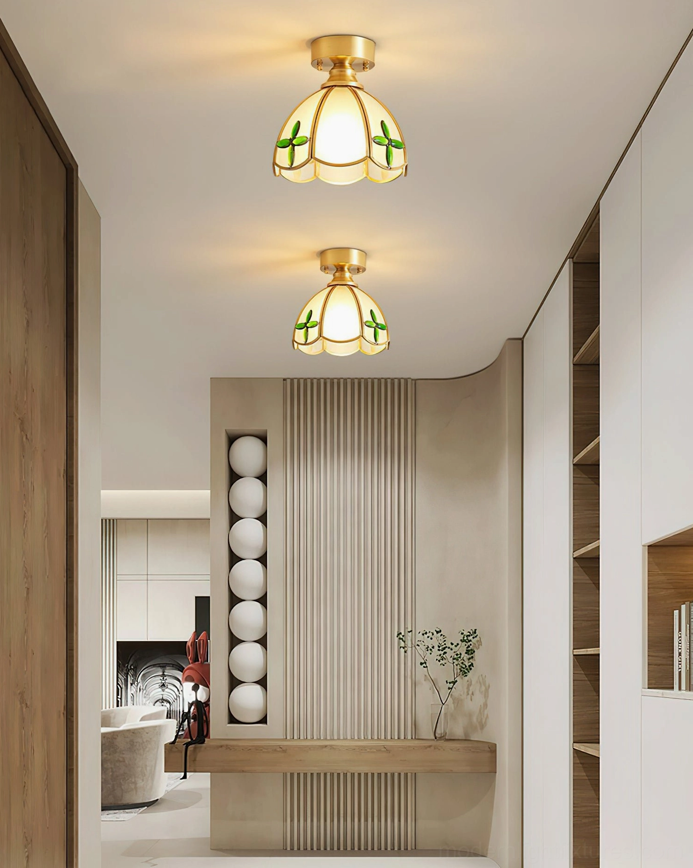 Green leaf accent stained glass ceiling light in modern farmhouse hallway setting