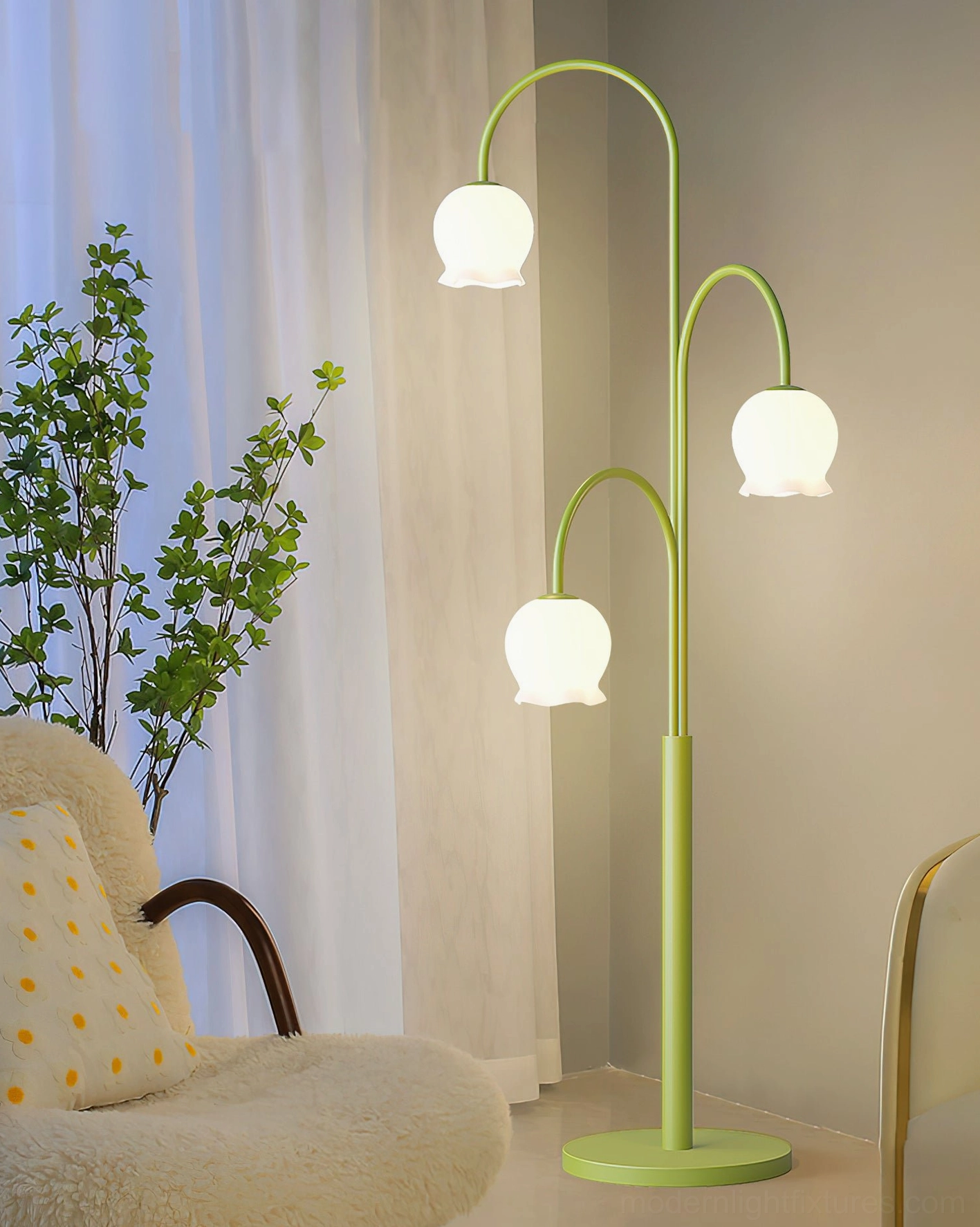 Botanical inspired green lily floor lamp side view in relaxing corner with chair and plants