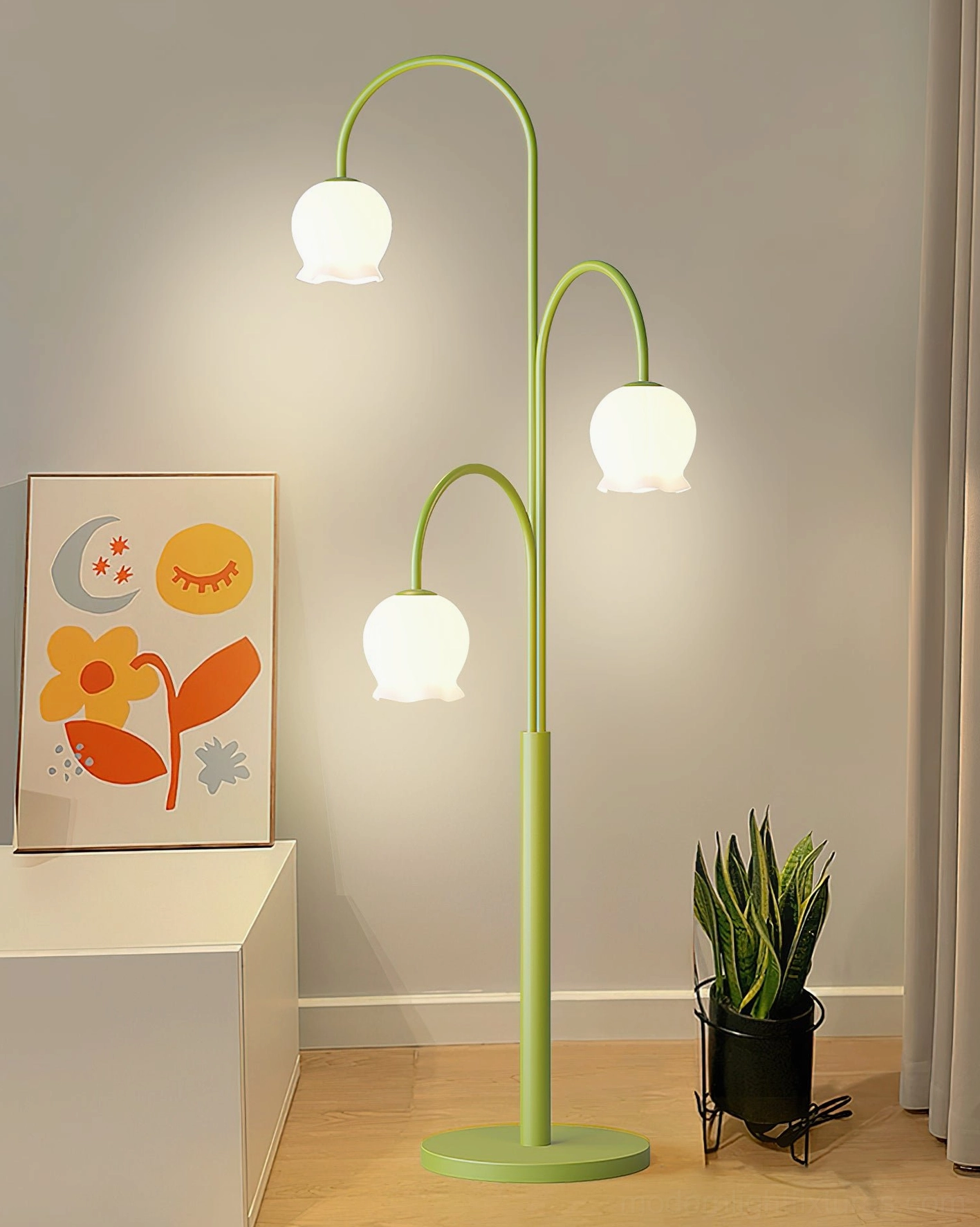 Pastel green metal lily floor lamp with frosted shades and circular base in modern interior